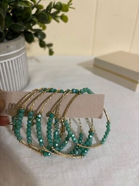 Gold Hoop Bracelet Set with Teal Beads